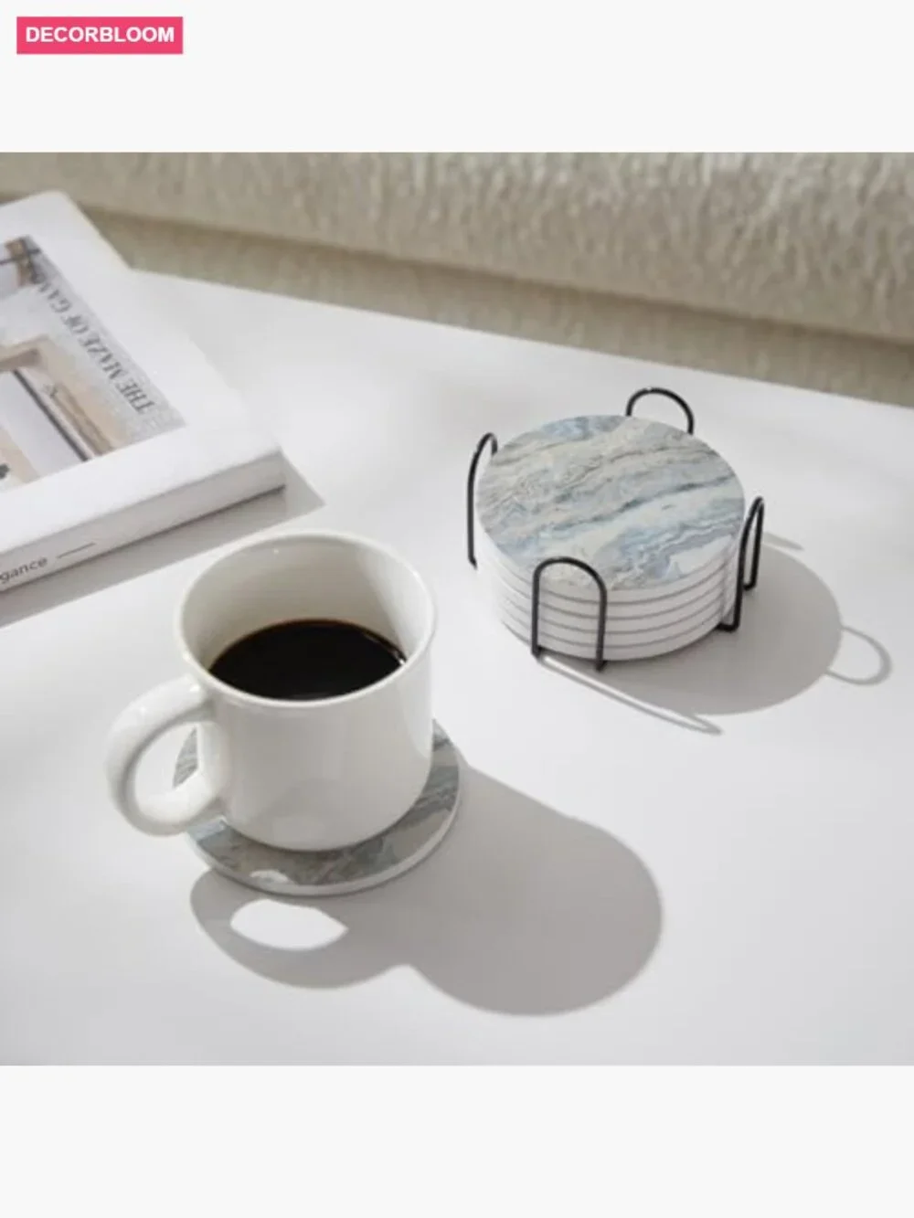 Set of 6 Absorbent Ceramic Coasters with Holder & Cork Backing